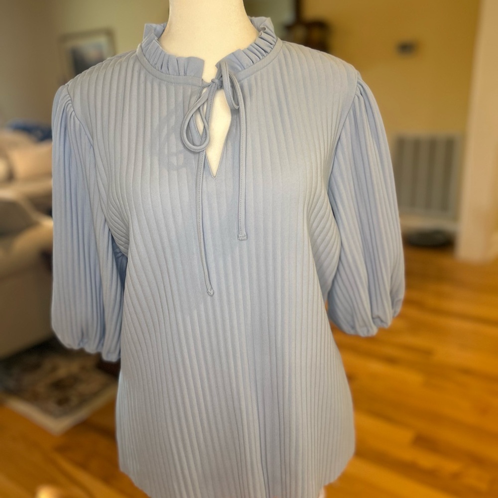 NWT Marc New York Ribbed Tie Neck Blouse Light Blue Puff Sleeve Cottagecore L